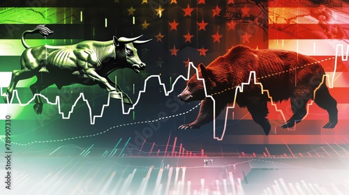 A splitscreen image one side with a soaring green stock market graph and a triumphant bull charging forward, the other side with a plummeting red graph and a panicked bear running away Both sides have photo