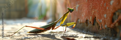 Grasshopper On Tent After Rain ,Matins Eating Mantis Two Green Insect photo