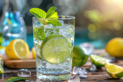 Refreshing Mojito Drink with Lime and Mint in a Glass on a Sunny Outdoor Table