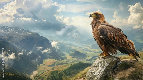 An eagle with extended wings perched on the ground. Magnificent eagle displays its beauty.