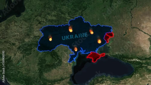 Map of shelling of Ukrainian territory. Ukraine map with occupied territories by Russia - Donbas and Crimea photo