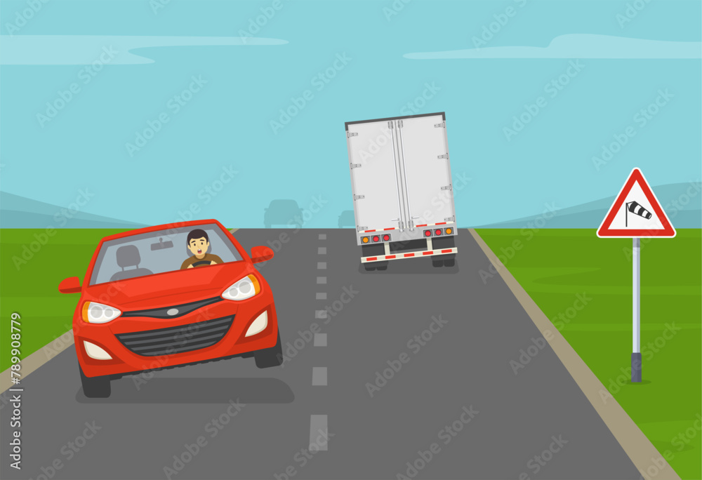 Safe driving tips and traffic regulation rules. Crosswinds ahead sign