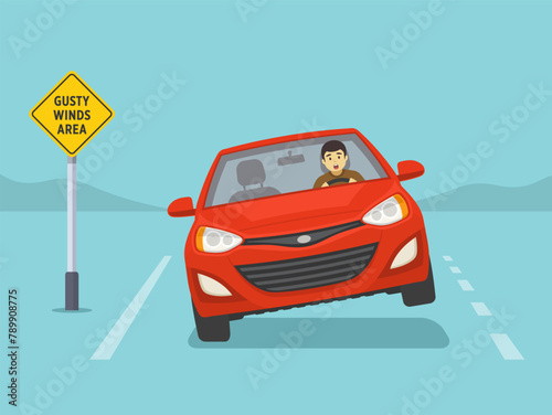 Gusty wind area sign. Scared male driver on the road. Red car is about to roll over on a windy road. Flat vector illustration template.