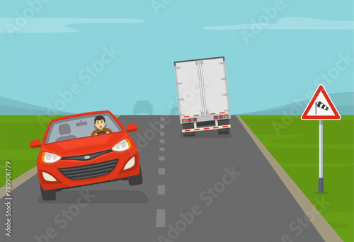 Safe driving tips and traffic regulation rules. Crosswinds ahead sign area. Cars are about to roll over on a windy road. Flat vector illustration template.