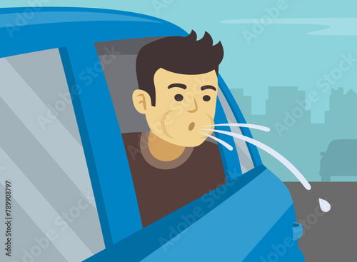 Bad behavior on roads. Close-up of a young male passenger spitting on road. Flat vector illustration template.