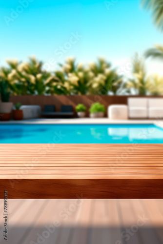 Product display empty wooden table in front pool bar background	