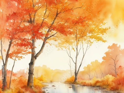 Free image of an abstract  watercolor-painted landscape with autumn leaves produced by artificial intelligence.