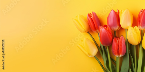 Beautiful tulips isolated on yellow background, floral romantic spring layout, copy space for text