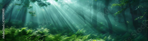 Rays of sunlight in a green forest background - Ai Generated