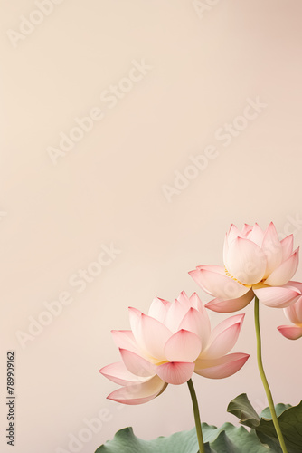 Beautiful lotus flowers isolated on solid pastel background, floral spa or zen layout, copy space © Bisams