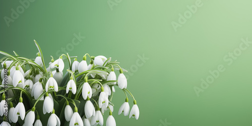 Beautiful snowdrops isolated on pastel green background, delicate springtime design, copy space