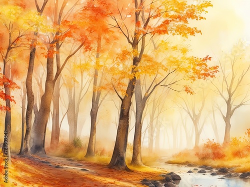 Free image of an abstract  watercolor-painted landscape with autumn leaves produced by artificial intelligence.