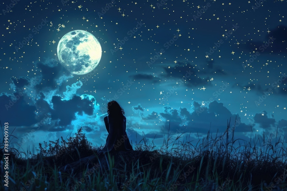 Girl watching the Moonrise on a starry skies