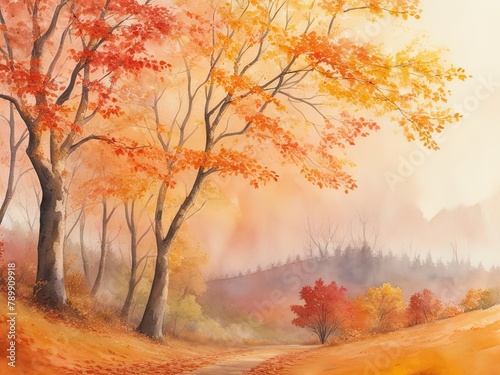 Free image of an abstract, watercolor-painted landscape with autumn leaves produced by artificial intelligence. © REZAUL4513