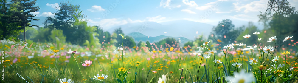 Spring landscape panorama with flowering flowers on meadow background - Ai Generated