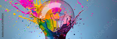 illustration of colorful bulb with splash of colors on white background. Creativity,imagination, inspiration. . Idea and solution concept,A colorful light bulb is being turned into colorful bulb. photo