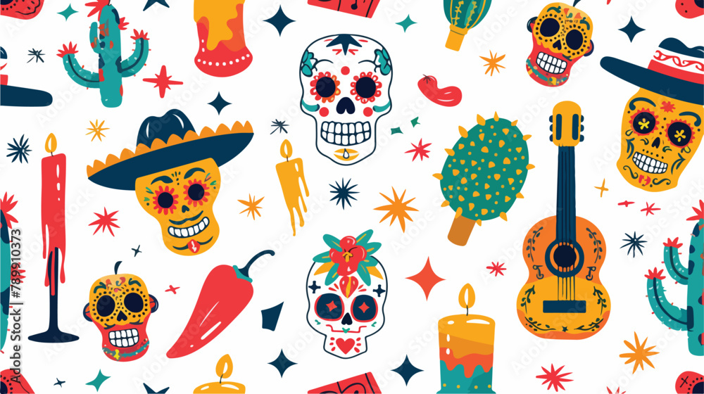 Holiday seamless pattern decorated by Mexican skulls