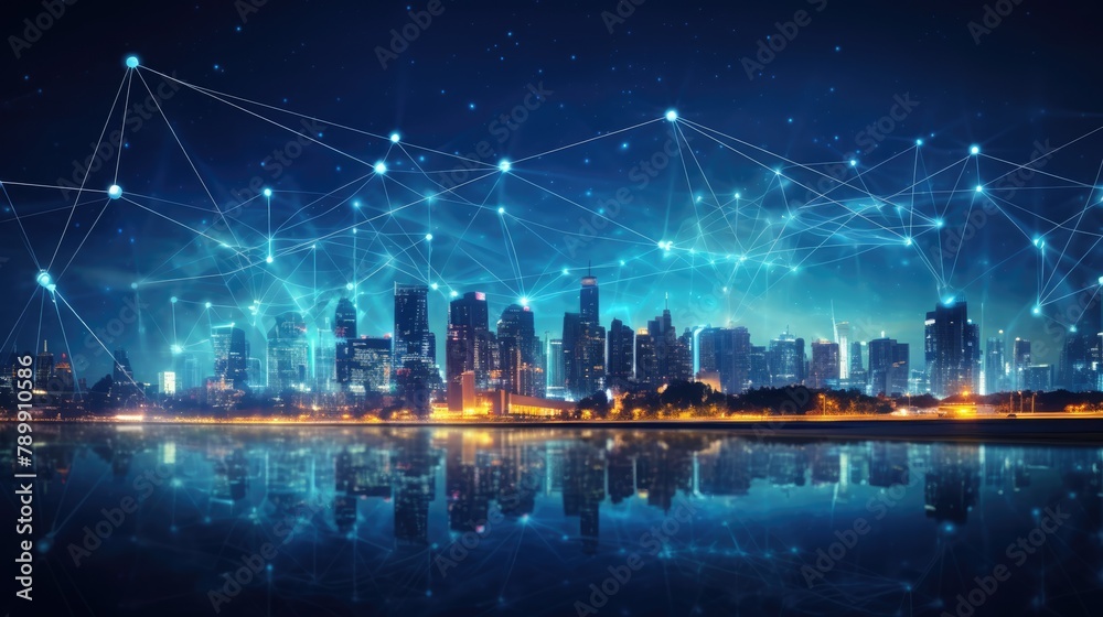 Smart city and wireless communication network concept. Digital network connection lines. Internet of Things and Information Communication Network concept.