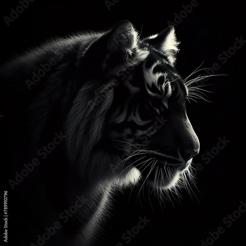 Black background Rim light tiger in profile photography, with the light shining on its fur