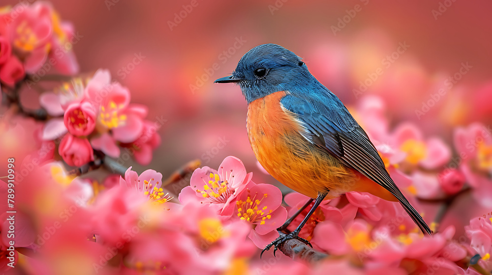 Colorful Bird. Songbird in Cherry Blossoms. Generative Ai Colorful Bird. Songbird in Cherry Blossoms. Generative Ai