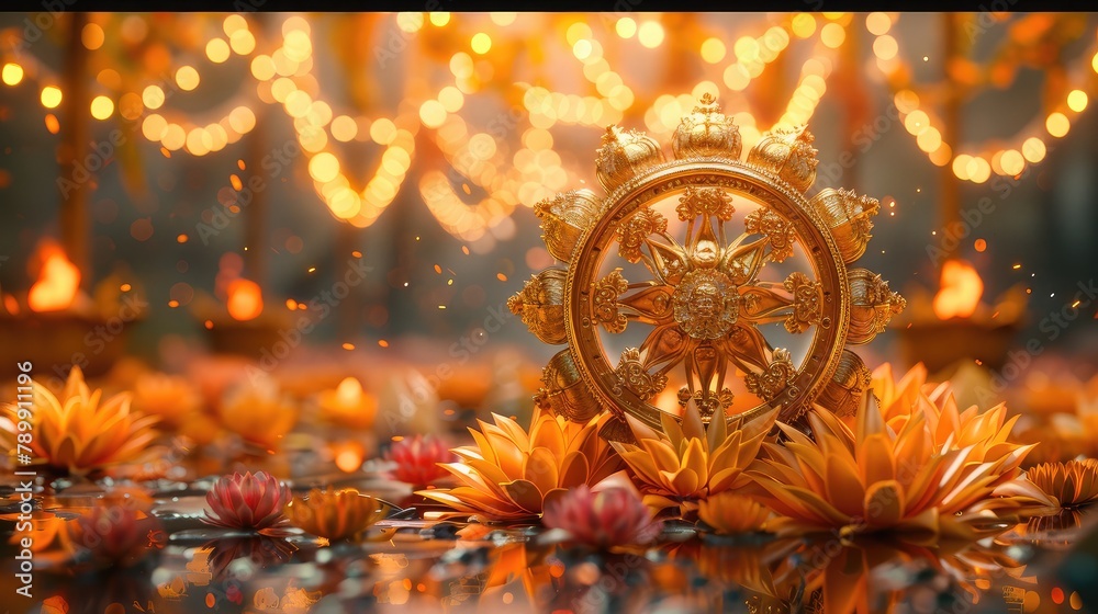 banner background Theravada New Year Day theme, and wide copy space, An artistic representation of the Wheel of Dhamma, a symbol of Buddhist teachings, adorned with flowers and lights,