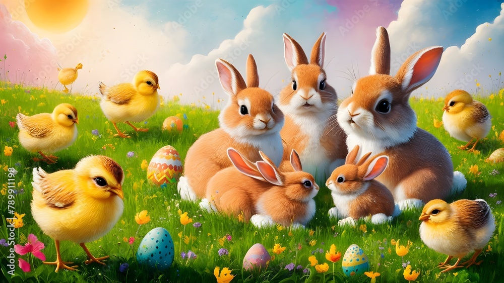 Artwork featuring a whimsical Easter scene with a vibrant meadow, playful chicks, and a family of fluffy bunnies. Artwork featuring a whimsical Easter scene with a vibrant meadow, playful chicks, and a family of fluffy bunnies.