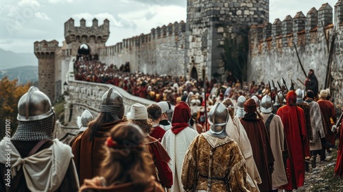 A large group of people are marching down a path, some of them wearing armor