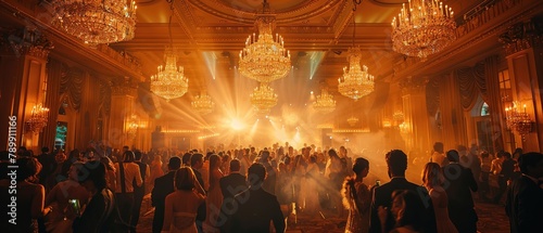 A large group of people are dancing in a ballroom with chandeliers and lights photo