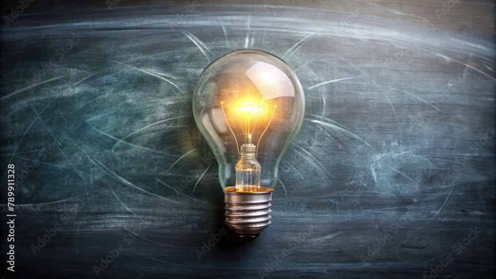 Education concept image. Creative idea and innovation. Light bulb as metaphor over blackboard Education concept image. Creative idea and innovation. Light bulb as metaphor over blackboard