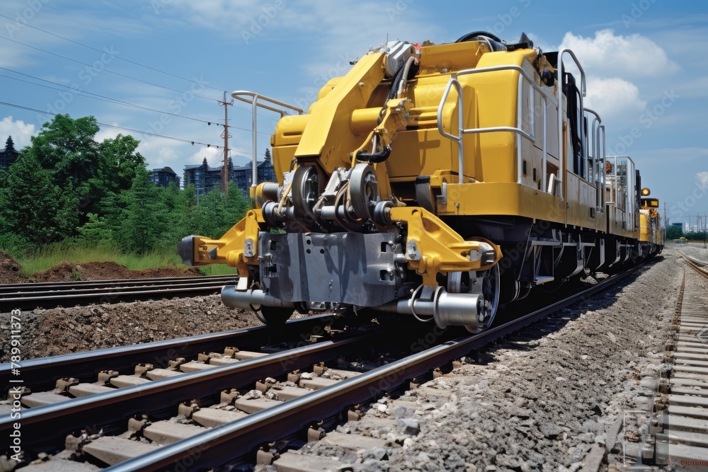 Track Ballast Tamping: Precision shot of track ballast tamping machine in action. Track Ballast Tamping: Precision shot of track ballast tamping machine in action.