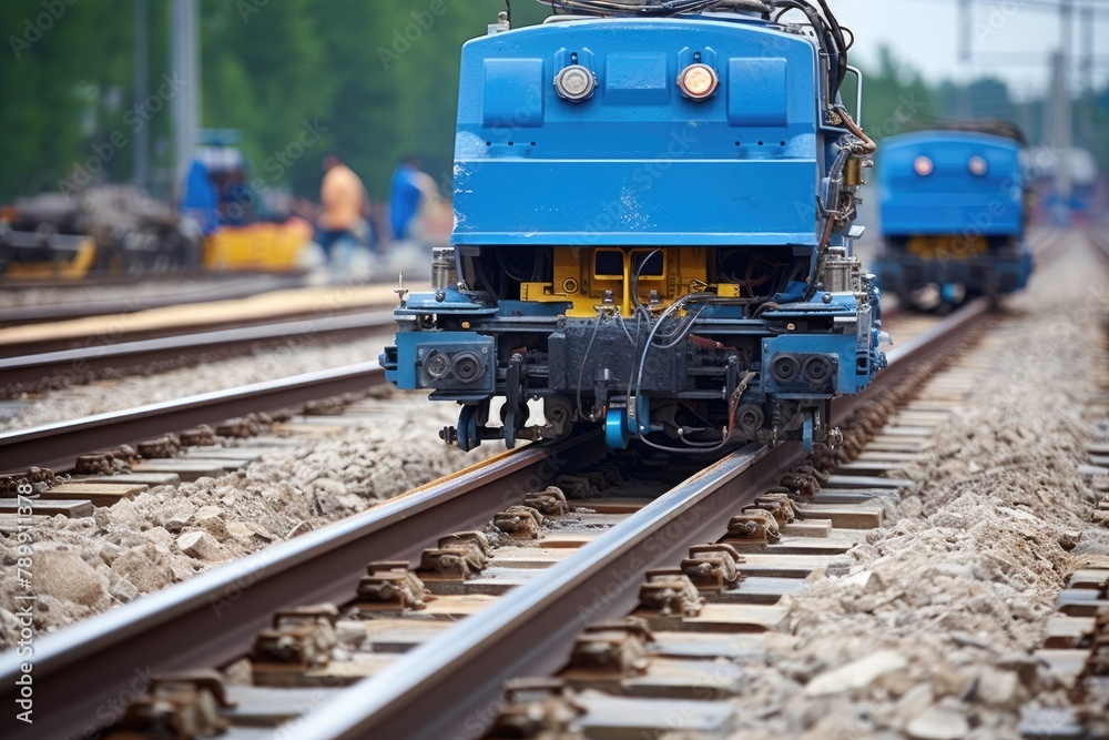 Track Ballast Tamping: Precision shot of track ballast tamping machine in action. Track Ballast Tamping: Precision shot of track ballast tamping machine in action.