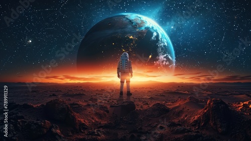 A man in a spacesuit stands on a rocky planet in front of a large planet
