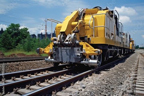 Track Ballast Tamping: Precision shot of track ballast tamping machine in action.