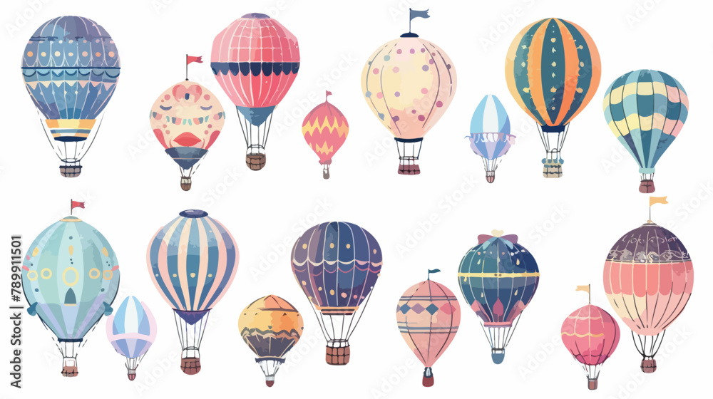 Hot air balloons flat vector illustrations set. Color
