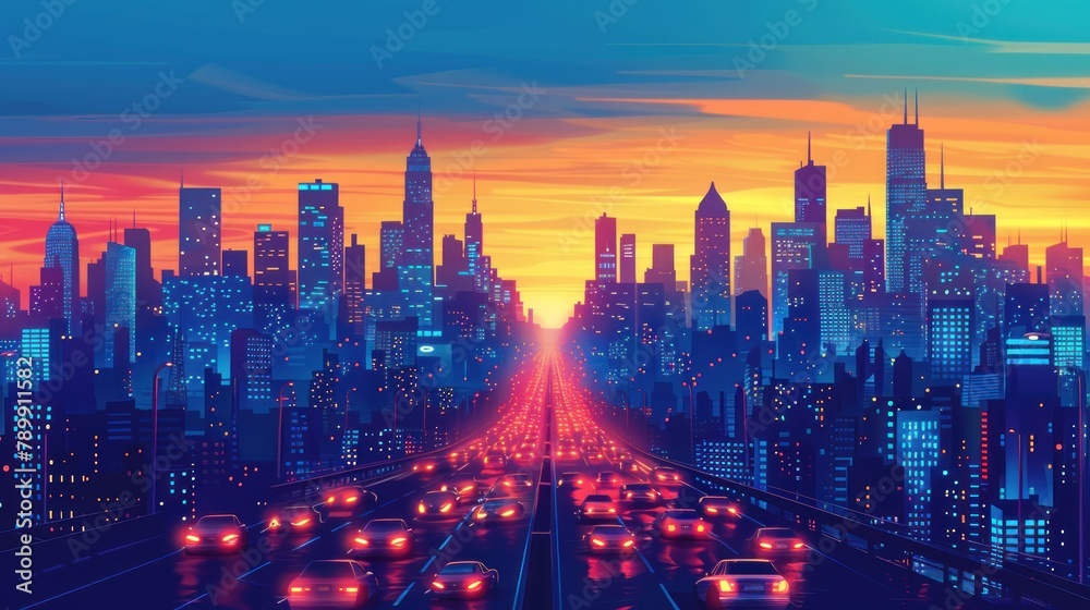 A cityscape with a long road filled with cars and a sunset in the background