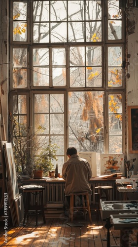 A man is sitting at a desk in a room with a large window