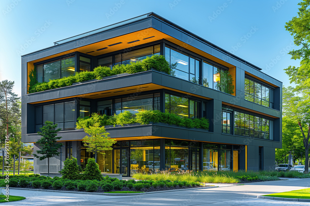 Eco-friendly building with green environment. Sustainable office building with plants for reducing carbon dioxide.