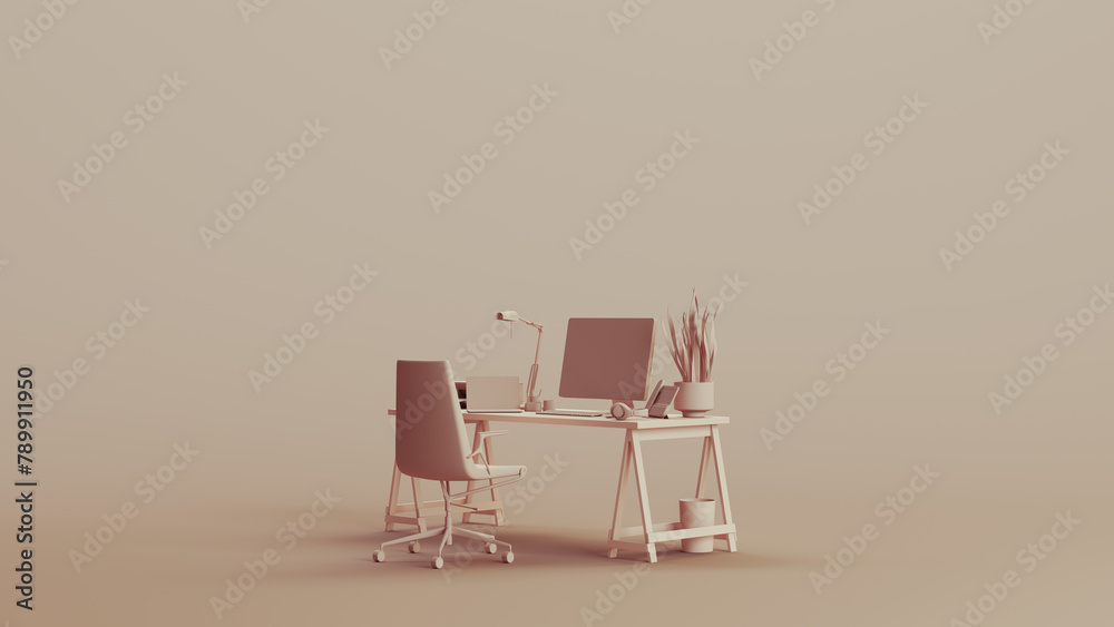 Fototapeta premium Office home studio space desk chair remote working neutral backgrounds soft tones beige brown 3d illustration render digital rendering 