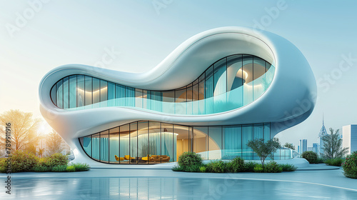 Futuristic technological white curved shape aesthetically pleasing architectural design. 