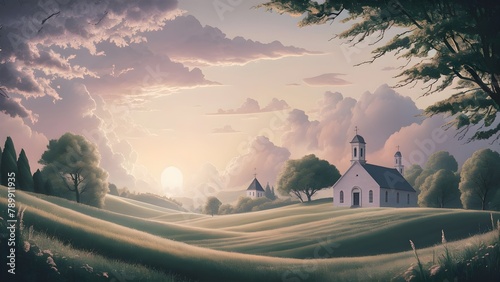 illustration of a serene Easter sunrise, with pastel-colored clouds and a peaceful countryside landscape.