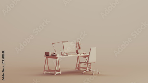 Office home studio space desk chair remote working neutral backgrounds soft tones beige brown 3d illustration render digital rendering	