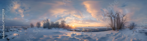 Winter panoramic landscape at sunset background - Ai Generated