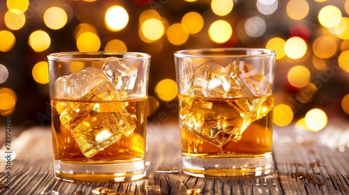 Two highball glasses of Tennessee whiskey with ice on a wooden table