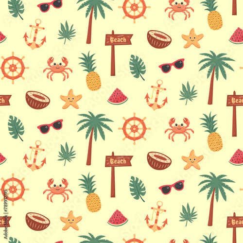 Tropical summer beach seamless pattern. Summertime, vacation, travel concept.