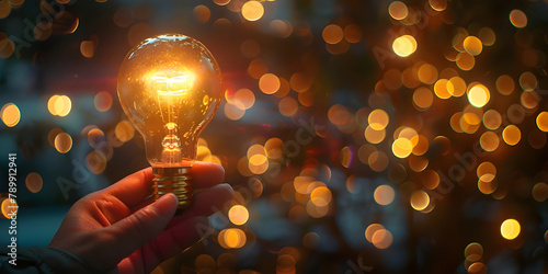 Hand held light bulb with bokeh Background - Ai Generated © Muhammad