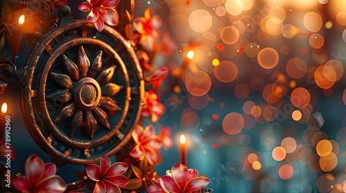 banner background Theravada New Year Day theme, and wide copy space, An artistic representation of the Wheel of Dhamma, a symbol of Buddhist teachings, adorned with flowers and lights,  photo