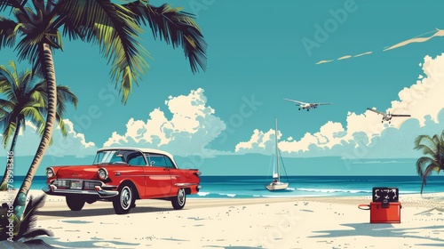 A captivating banner evoking the nostalgia and charm of vacation travel time, with vintage-inspired illustrations of classic road trips, retro beach holidays travel agencies adventure bloggers © pawimon