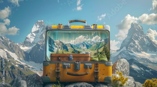 A picturesque vacation travel time banner showcasing an open suitcase packed with adventure gear 
