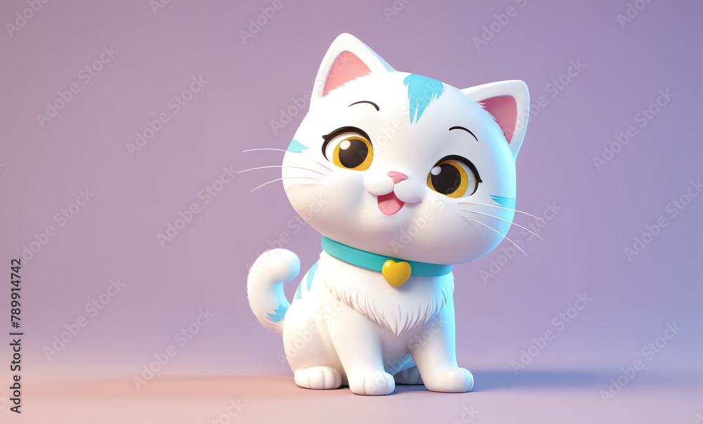 cat, in the 3D illustration style, cute, kawaii character design with on a simple background, a high resolution detailed texture with adorable details.