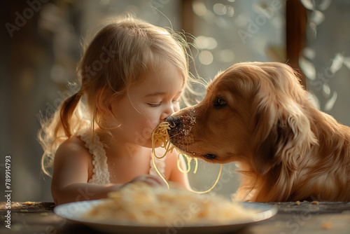 A small girl child has eaten pasta and her face is smeared all over from eating it and golden retriver lick the face photo